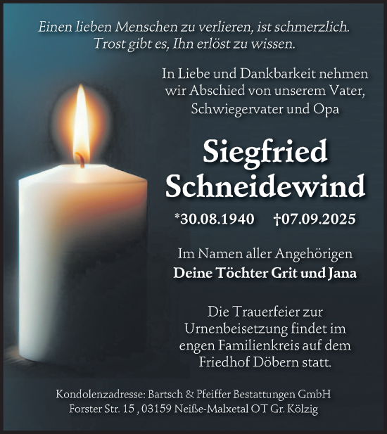 Traueranzeige von Siegfried Schneidewind von Lausitzer Rundschau