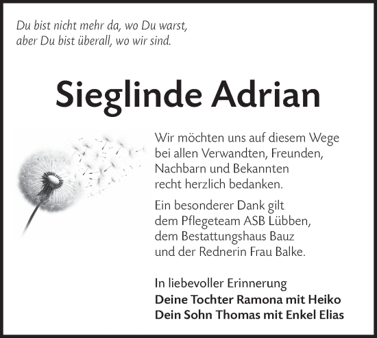 Traueranzeige von Sieglinde Adrian von Lausitzer Rundschau