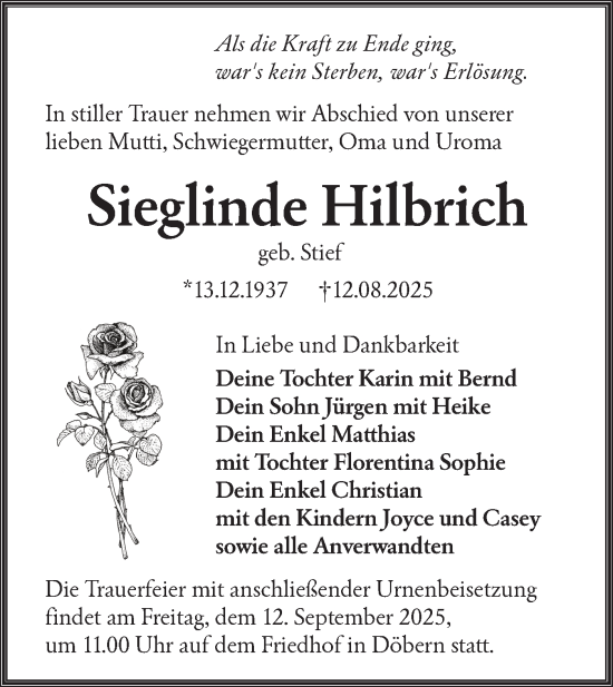 Traueranzeige von Sieglinde Hilbrich von Lausitzer Rundschau