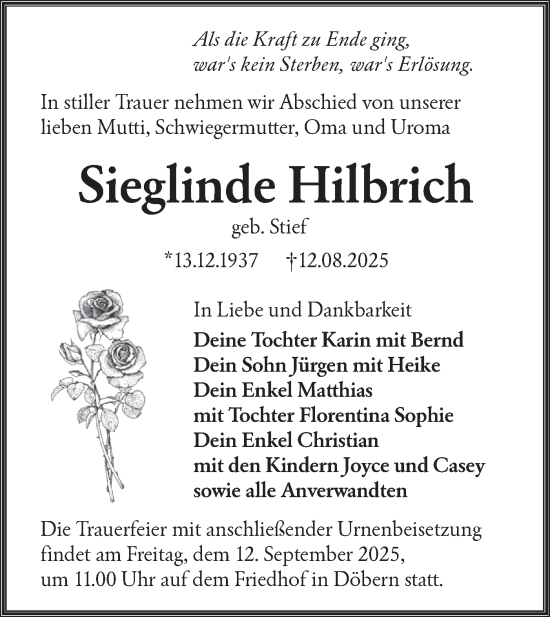 Traueranzeige von Sieglinde Hilbrich von Lausitzer Rundschau