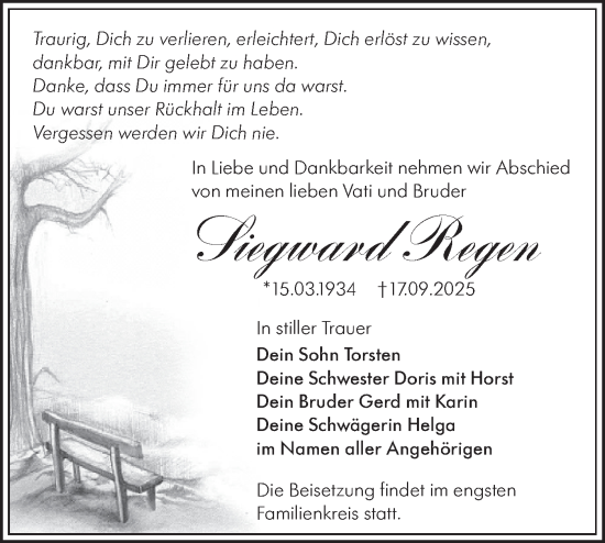 Traueranzeige von Siegward Regen von Lausitzer Rundschau
