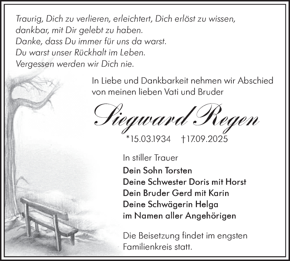  Traueranzeige für Siegward Regen vom 27.09.2025 aus Lausitzer Rundschau