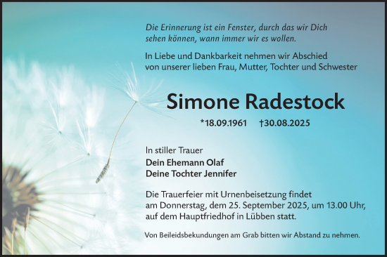 Traueranzeige von Simone Radestock von Lausitzer Rundschau