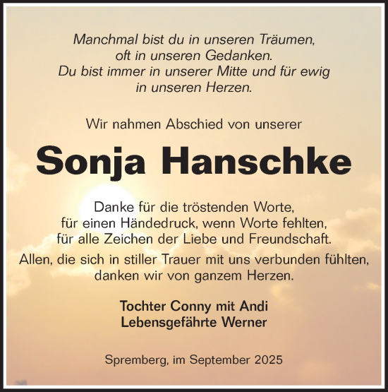 Traueranzeige von Sonja Hanschke von Lausitzer Rundschau