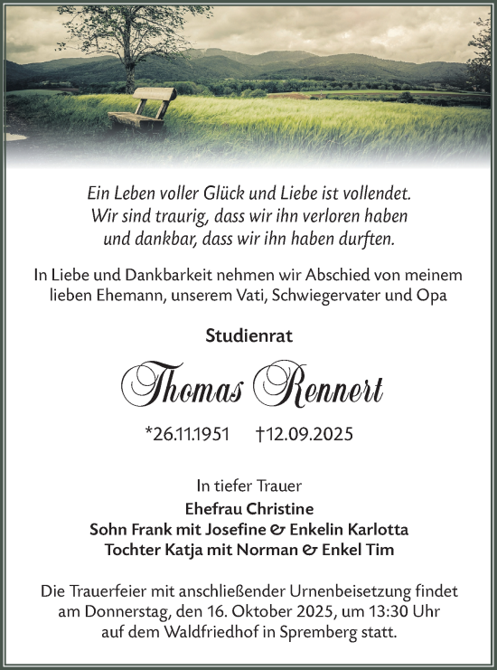 Traueranzeige von Thomas Rennert von Lausitzer Rundschau