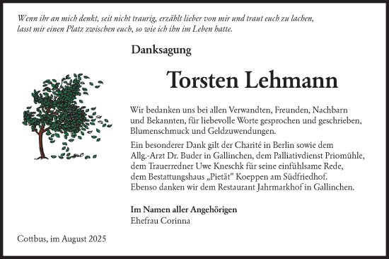 Traueranzeige von Torsten Lehmann von Lausitzer Rundschau