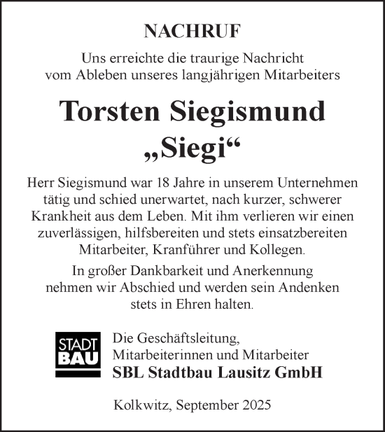 Traueranzeige von Torsten Siegismund von Lausitzer Rundschau