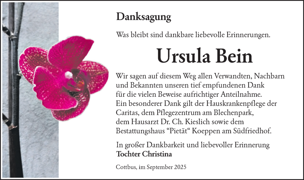  Traueranzeige für Ursula Bein vom 20.09.2025 aus Lausitzer Rundschau