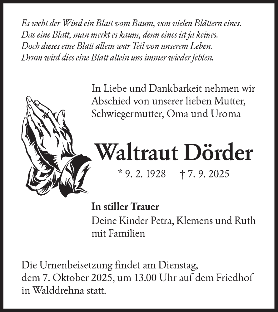 Traueranzeige für Waltraut Dörder vom 27.09.2025 aus Lausitzer Rundschau