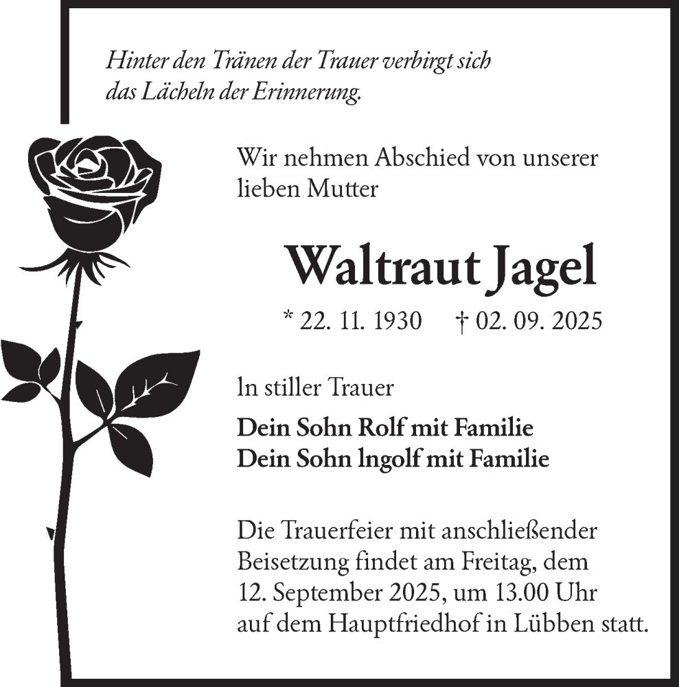  Traueranzeige für Waltraut Jagel vom 06.09.2025 aus Ausg. LR Spreewald RS