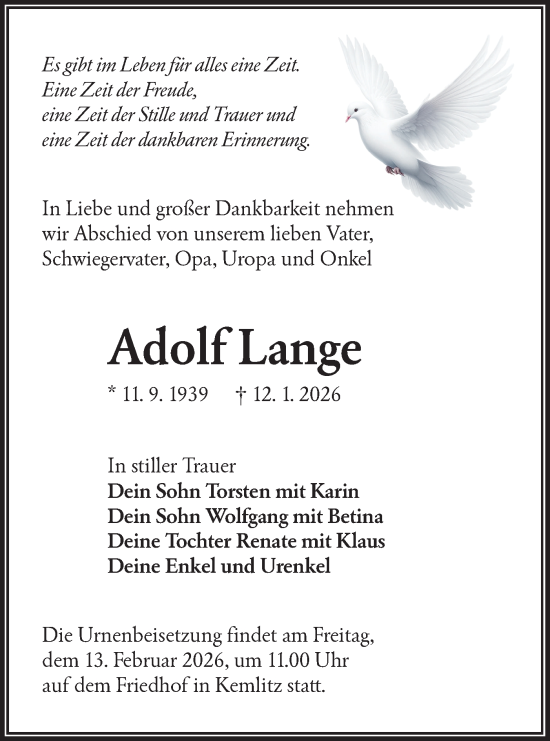 Traueranzeige von Adolf Lange von Ausg. LR Spreewald RS