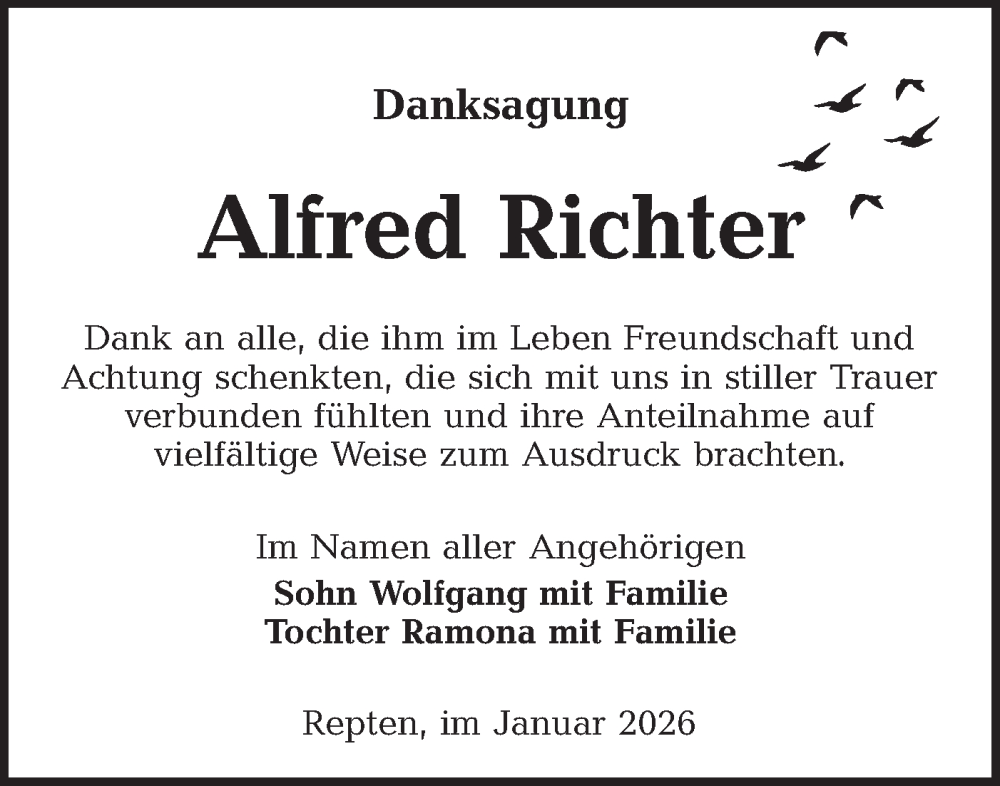  Traueranzeige für Alfred Richter vom 24.01.2026 aus Ausg. LR Spreewald RS