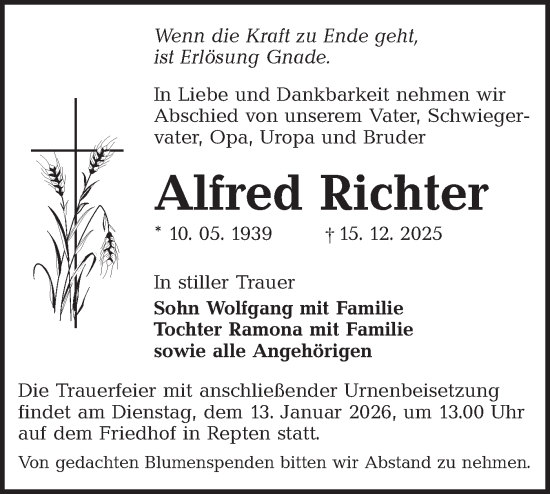 Traueranzeige von Alfred Richter von Ausg. LR Spreewald RS