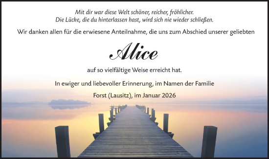 Traueranzeige von Alice  von Lausitzer Rundschau