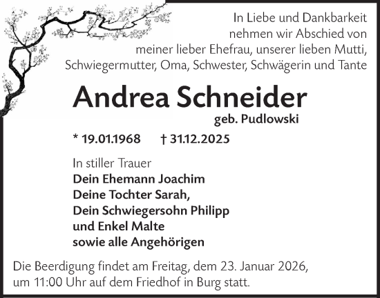 Traueranzeige von Andrea Schneider von Lausitzer Rundschau