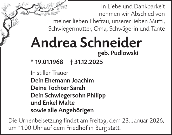 Traueranzeige von Andrea Schneider von Lausitzer Rundschau