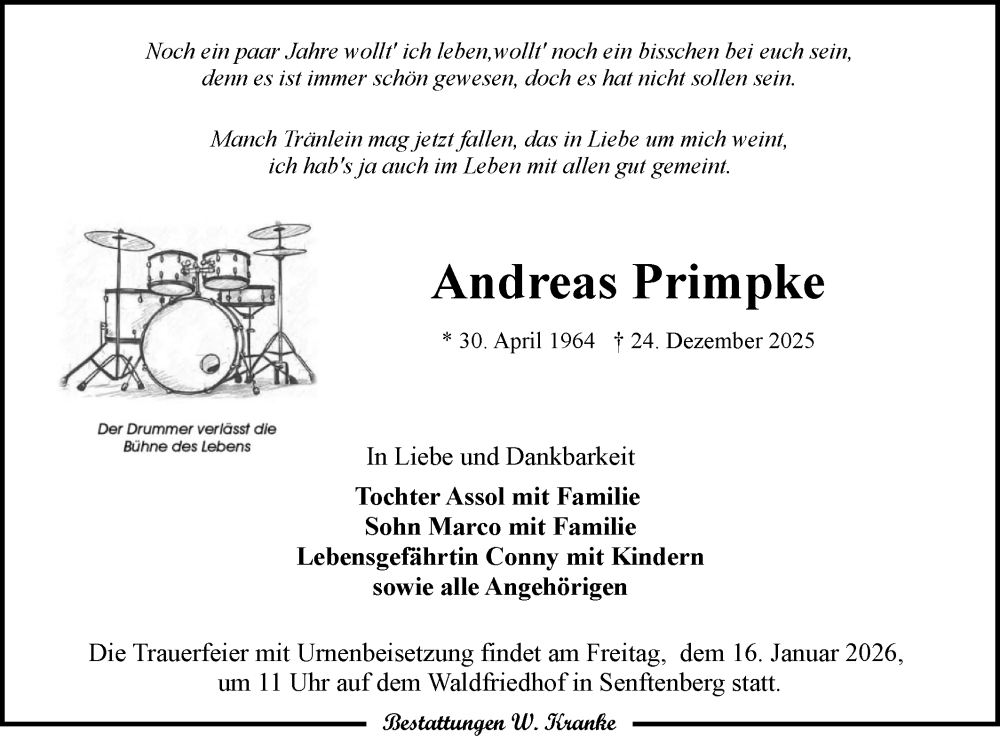  Traueranzeige für Andreas Primpke vom 10.01.2026 aus Lausitzer Rundschau