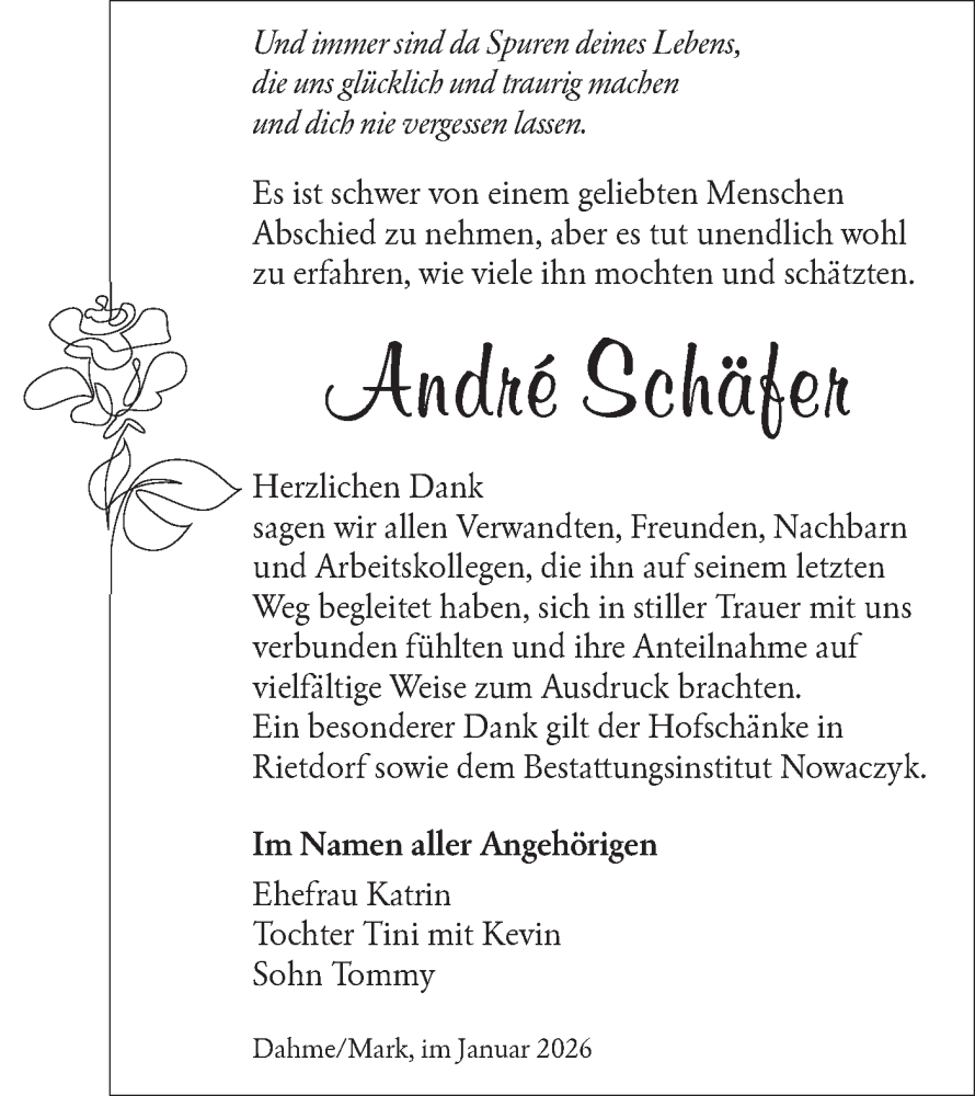  Traueranzeige für André Schäfer vom 24.01.2026 aus Ausg. LR Spreewald RS
