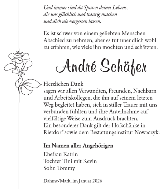Traueranzeige von André Schäfer von Ausg. LR Spreewald RS