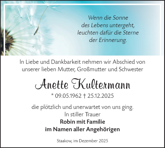 Traueranzeige von Anette Kultermann von Ausg. LR Spreewald RS