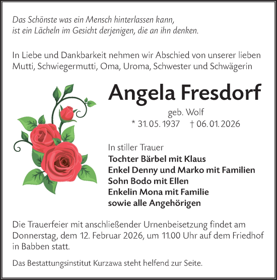 Traueranzeige von Angela Fresdorf von Lausitzer Rundschau