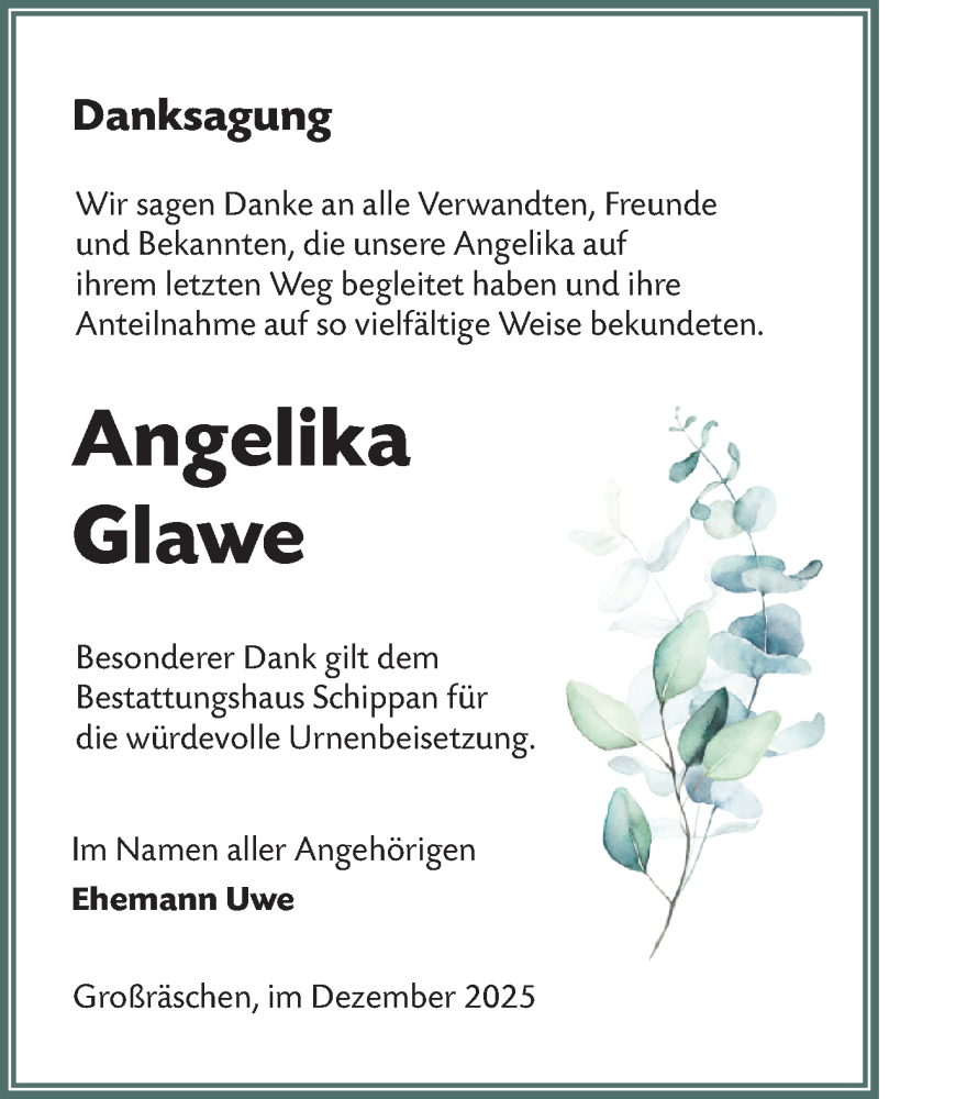  Traueranzeige für Angelika Glawe vom 10.01.2026 aus Lausitzer Rundschau