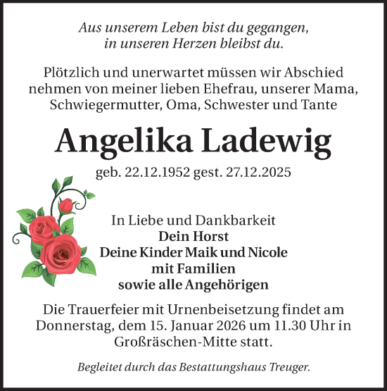 Traueranzeige von Angelika Ladewig von Lausitzer Rundschau