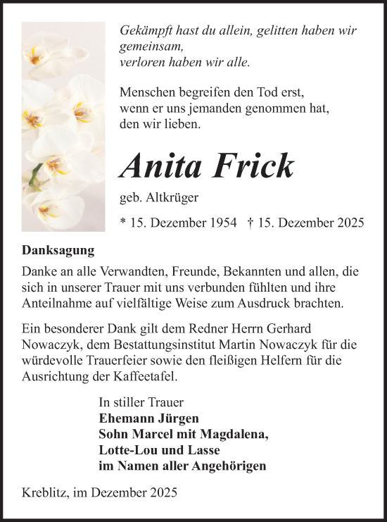 Traueranzeige von Anita Frick von Ausg. LR Spreewald RS
