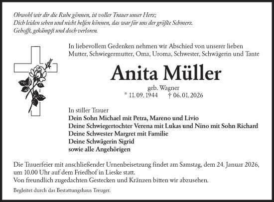 Traueranzeige von Anita Müller von Lausitzer Rundschau
