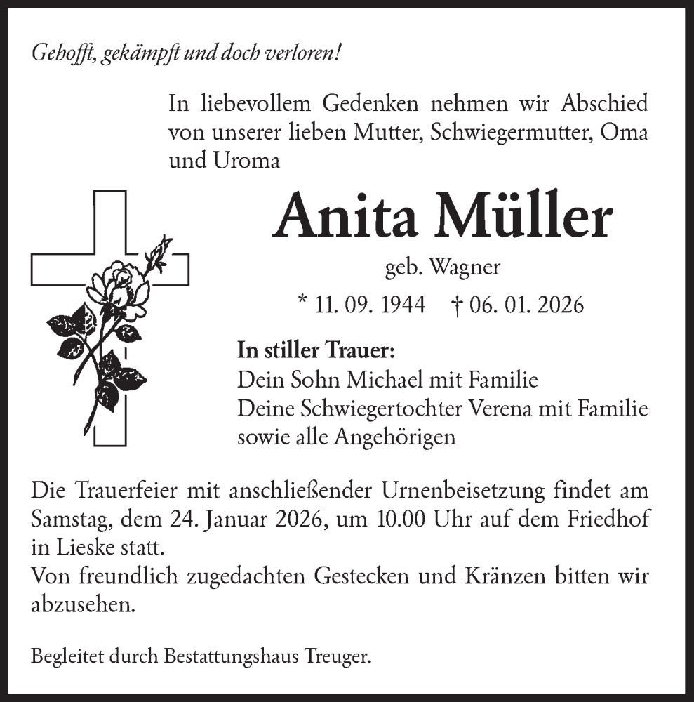  Traueranzeige für Anita Müller vom 17.01.2026 aus Lausitzer Rundschau