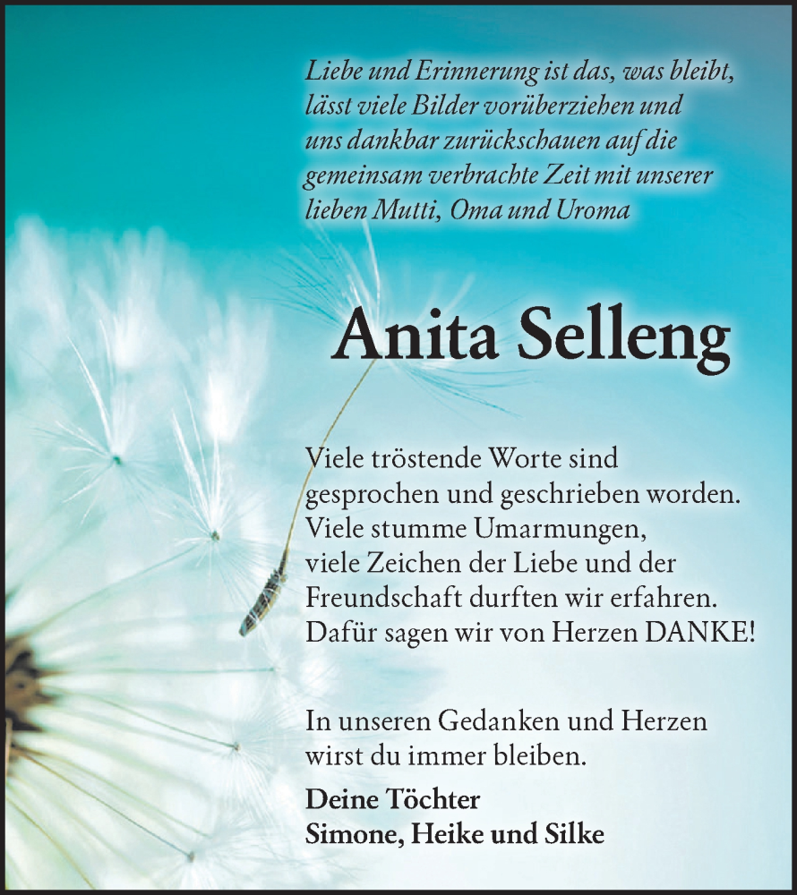  Traueranzeige für Anita Selleng vom 10.01.2026 aus Lausitzer Rundschau