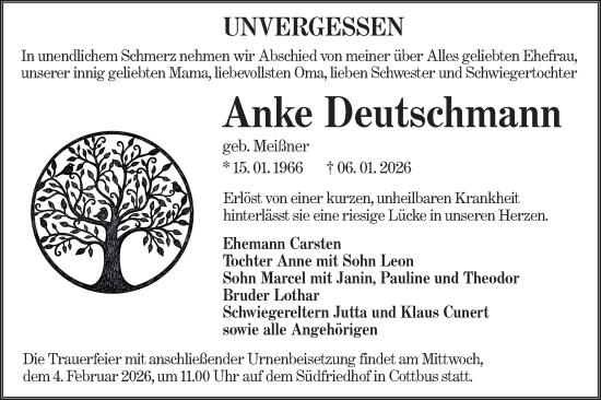 Traueranzeige von Anke Deutschmann von Lausitzer Rundschau