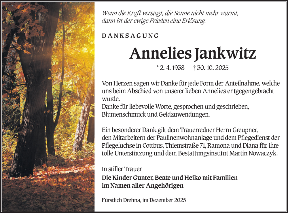  Traueranzeige für Annelies Jankwitz vom 24.01.2026 aus Ausg. LR Spreewald RS