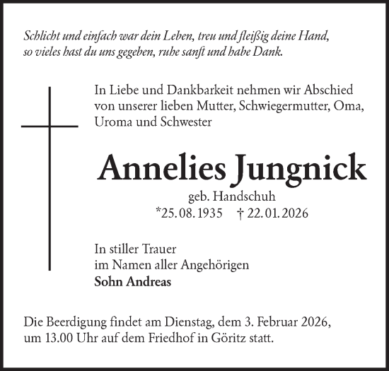 Traueranzeige von Annelies Jungnick von Ausg. LR Spreewald RS