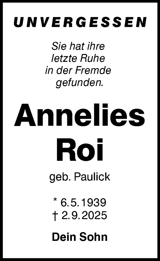 Traueranzeige von Annelies Roi von Lausitzer Rundschau