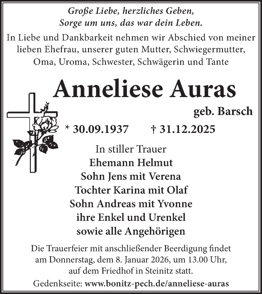  Traueranzeige für Anneliese Auras vom 07.01.2026 aus Lausitzer Rundschau