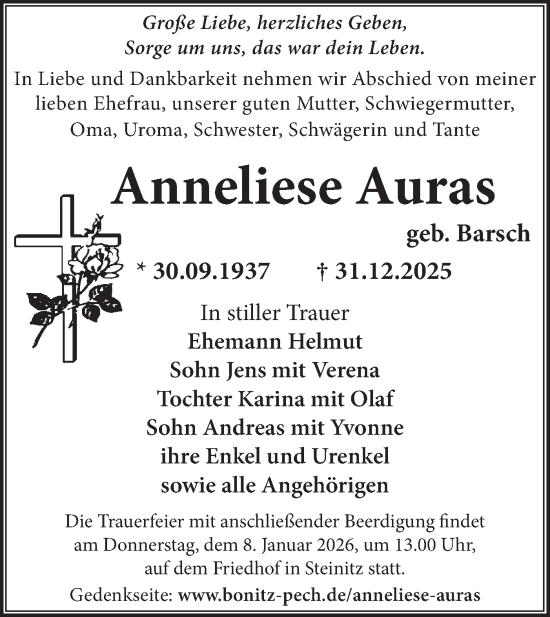 Traueranzeige von Anneliese Auras von Lausitzer Rundschau