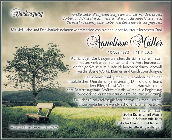 Traueranzeige von Anneliese Müller von Lausitzer Rundschau