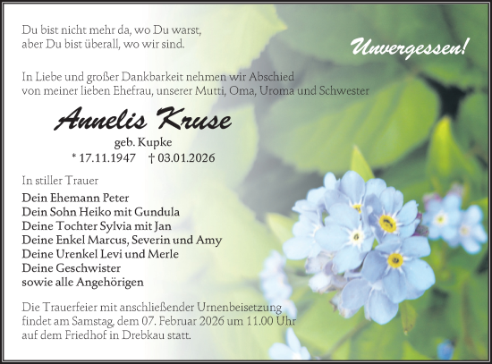Traueranzeige von Annelis Kruse von Lausitzer Rundschau