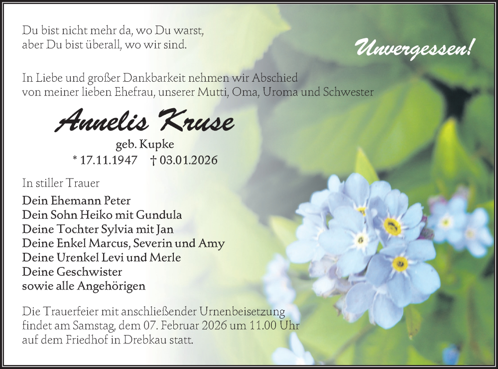  Traueranzeige für Annelis Kruse vom 24.01.2026 aus Lausitzer Rundschau