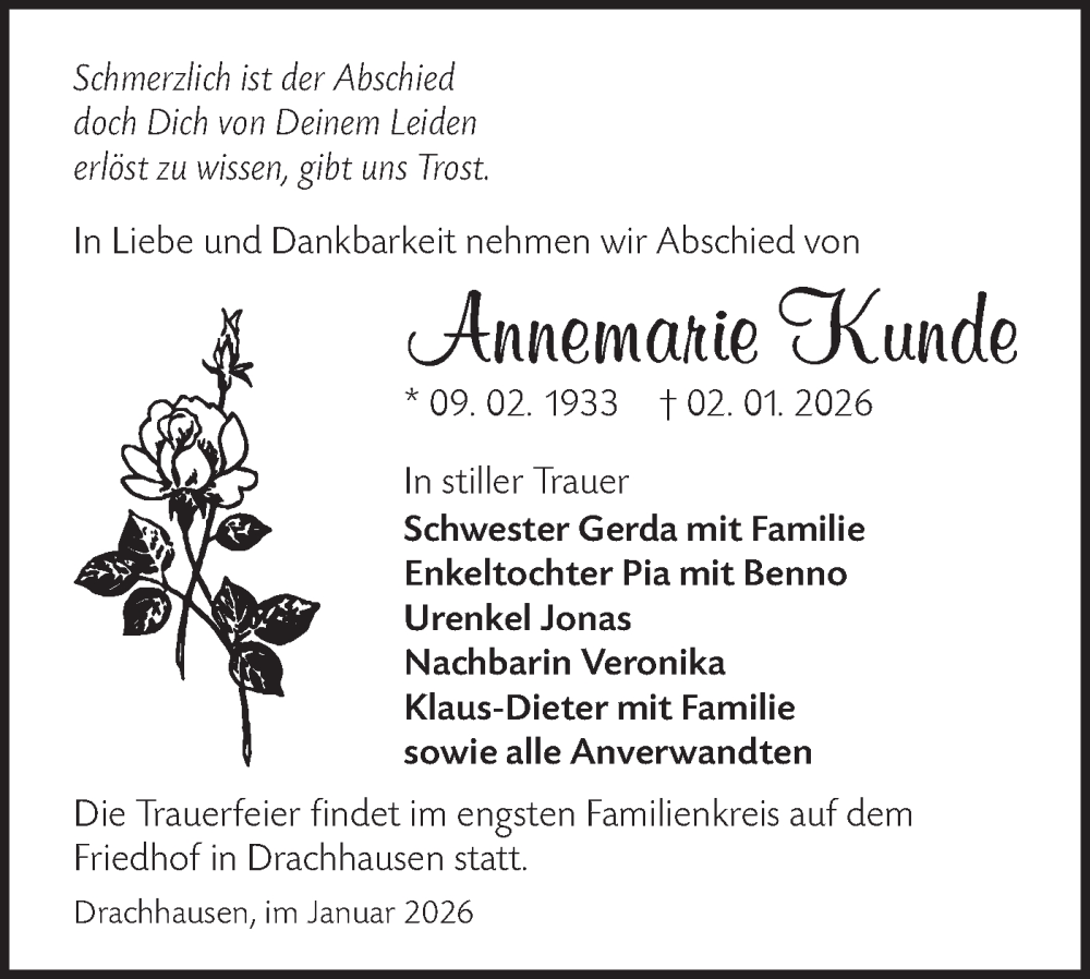  Traueranzeige für Annemarie Kunde vom 27.01.2026 aus Lausitzer Rundschau