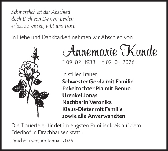 Traueranzeige von Annemarie Kunde von Lausitzer Rundschau