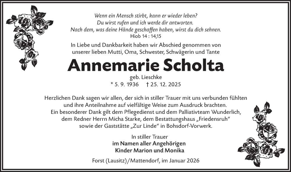 Traueranzeige für Annemarie Scholta vom 31.01.2026 aus Lausitzer Rundschau
