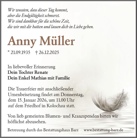 Traueranzeige von Anny Müller von Lausitzer Rundschau