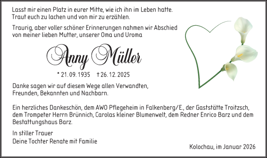Traueranzeige von Anny Müller von Lausitzer Rundschau