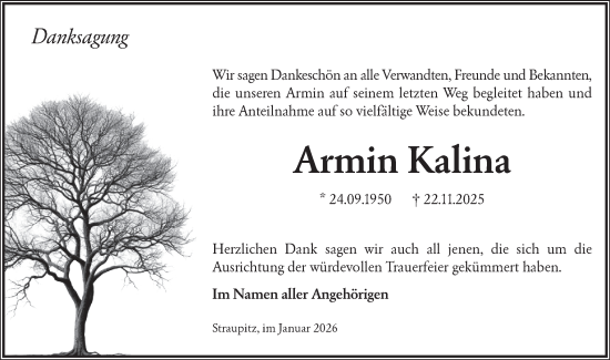 Traueranzeige von Armin Kalina von Ausg. LR Spreewald RS