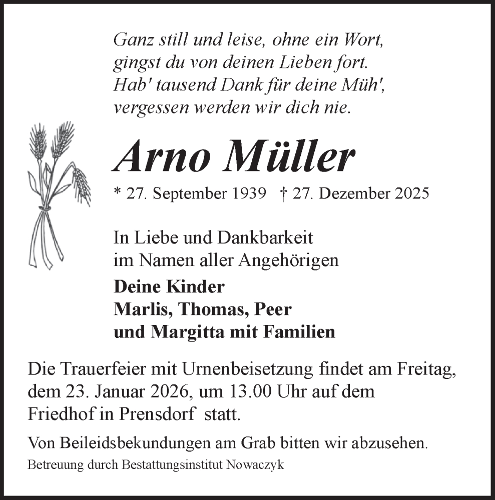  Traueranzeige für Arno Müller vom 10.01.2026 aus Ausg. LR Spreewald RS