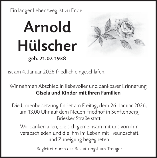 Traueranzeige von Arnold Hülscher von Lausitzer Rundschau