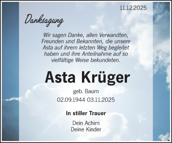 Traueranzeige von Asta Krüger von Lausitzer Rundschau
