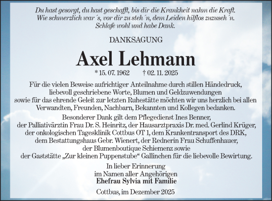 Traueranzeige von Axel Lehmann von Lausitzer Rundschau